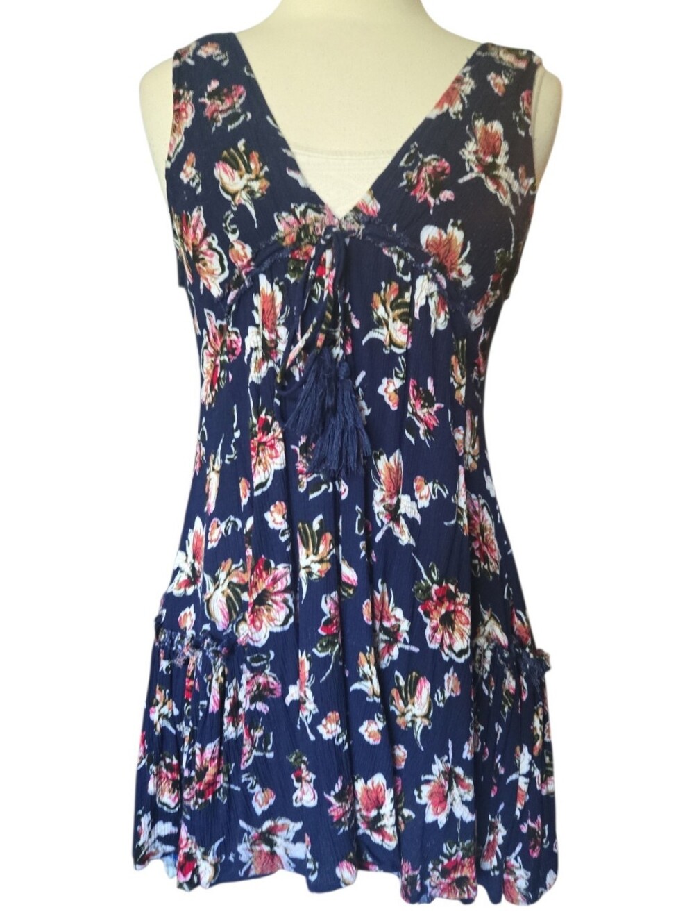 Windsor Navy Blue Floral Sleeveless Tunic Dress with Tassel V-Neck